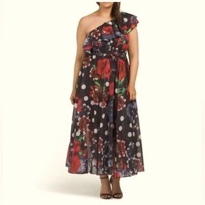 DALIA MACPHEE BLACK MULTI One Shoulder Floral Polka DotMaxi Dress new size L #18